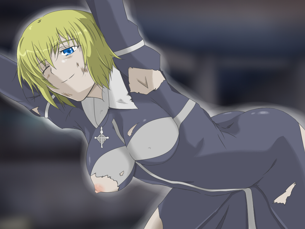 1girl arms_up black_robe blonde_hair blue_eyes breasts closed_mouth commentary_request cross cross_necklace feet_out_of_frame hair_between_eyes hanging_breasts injury jewelry large_breasts leaning_forward long_sleeves necklace nipples no_headwear nun one_eye_closed orsola_aquinas robe short_hair smile solo toaru_majutsu_no_index toko5121 torn_clothes torn_robe