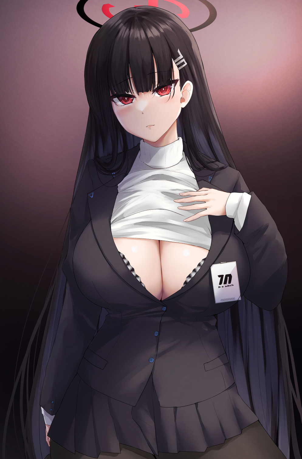 1girl bangs black_hair black_jacket black_pantyhose black_skirt blue_archive blush breasts closed_mouth gradient_background halo highres ibara_azuki jacket large_breasts long_hair looking_at_viewer pantyhose red_eyes rio_(blue_archive) simple_background skirt solo