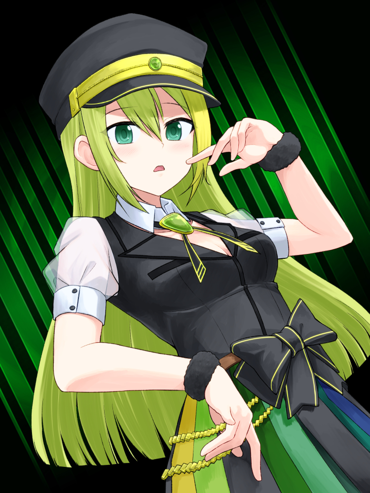 1girl alina_gray black_bow black_headwear black_necktie black_vest blunt_ends bow breasts brooch chain chiyoko_yama cleavage collar cross_tie detached_collar fur_cuffs gem green_eyes green_gemstone green_hair hair_between_eyes hat jewelry lapels long_hair looking_at_viewer magia_record:_mahou_shoujo_madoka_magica_gaiden magical_girl mahou_shoujo_madoka_magica medium_breasts multicolored_clothes multicolored_hair multicolored_skirt necktie notched_lapels open_mouth peaked_cap pleated_skirt puffy_short_sleeves puffy_sleeves see-through see-through_sleeves short_sleeves sidelocks skirt sleeve_cuffs solo straight_hair streaked_hair striped striped_skirt v-neck vertical-striped_skirt vertical_stripes vest waist_bow white_collar white_sleeves