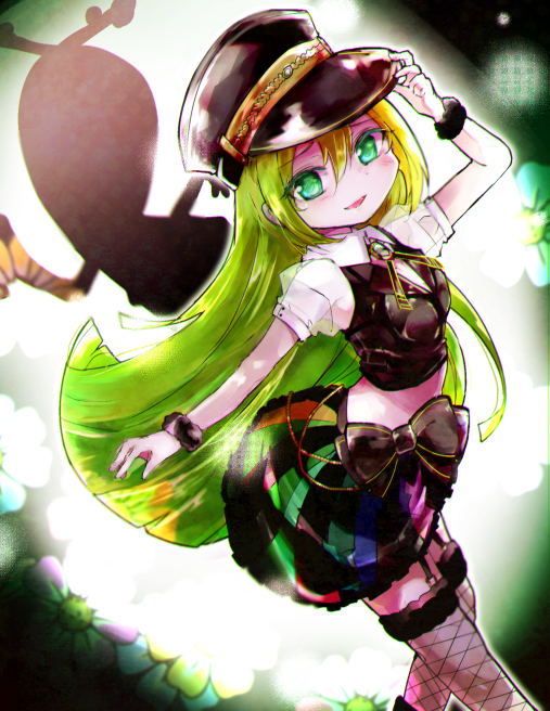 1girl alina_gray black_bow black_headwear black_vest blonde_hair blunt_ends bow chain collar detached_collar doppel_(madoka_magica) fishnet_thighhighs fishnets fur_cuffs fur_trim gem green_eyes green_gemstone green_hair hair_between_eyes hat karaage_(torikkk) long_hair looking_at_viewer magia_record:_mahou_shoujo_madoka_magica_gaiden magical_girl mahou_shoujo_madoka_magica multicolored_clothes multicolored_hair multicolored_skirt old_dorothy open_mouth peaked_cap pleated_skirt puffy_short_sleeves puffy_sleeves short_sleeves sidelocks silhouette skirt smile solo streaked_hair striped striped_skirt thighhighs vertical-striped_skirt vertical_stripes vest waist_bow white_collar