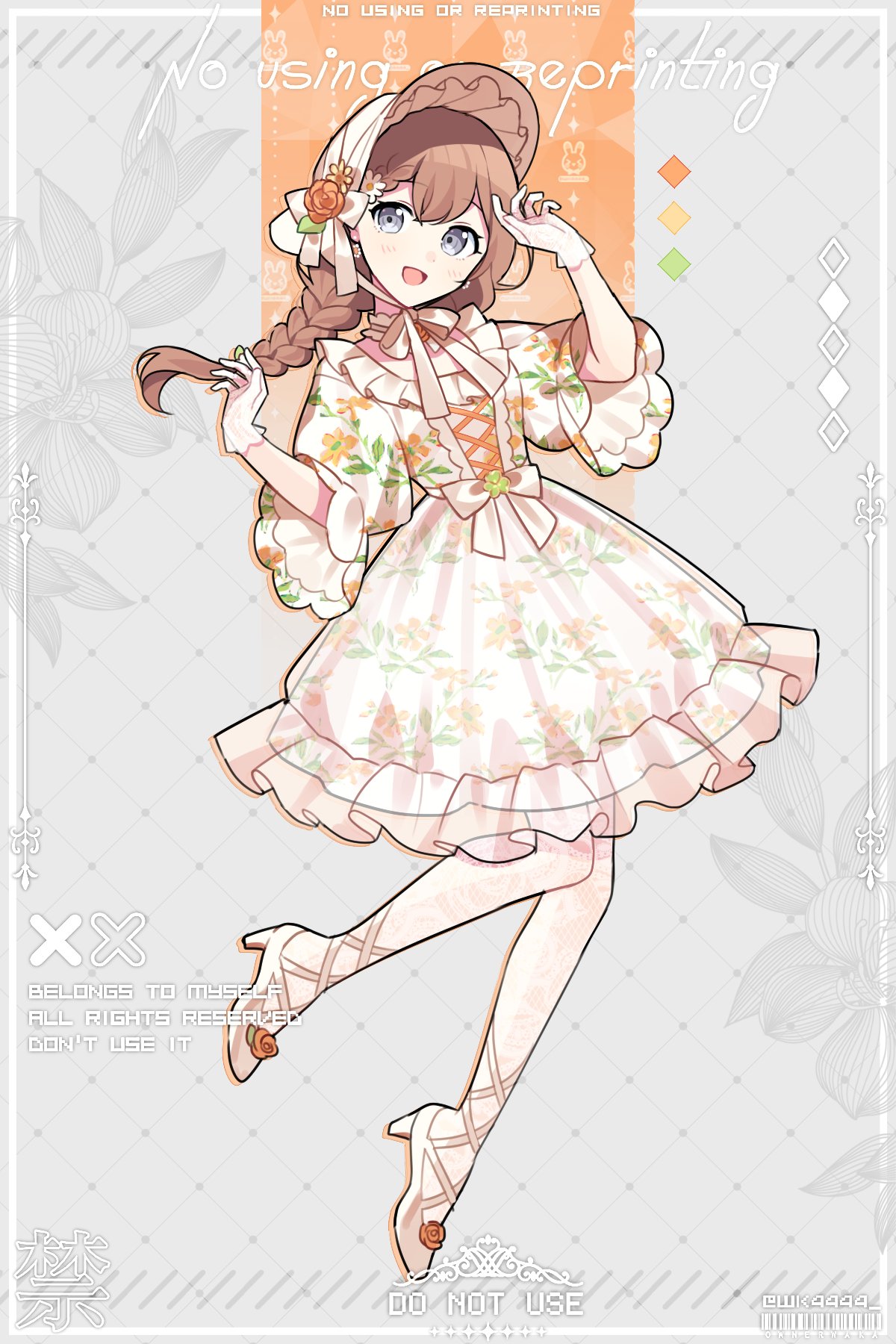 1girl argyle argyle_background black_outline bonnet border bow braid brown_hair clover_brooch cross-laced_clothes cross-laced_dress cross-laced_footwear daisy detached_collar dot_nose dress floral_print flower footwear_flower frilled_dress frills full_body gloves grey_background grey_eyes hair_between_eyes hanasato_minori hands_up hat hat_flower hat_ribbon high_heels highres knees_together_feet_apart lace lace_gloves lace_legwear lace_pantyhose leaf leaf_background light_blush light_smile lolita_fashion long_sleeves open_mouth orange_flower orange_rose outline pantyhose project_sekai puffy_long_sleeves puffy_sleeves ribbon rose see-through see-through_dress shade shoes sideways_glance simple_background single_braid solo sun_hat waist_bow waka_(wk4444) white_border white_bow white_dress white_flower white_footwear white_gloves white_headwear white_pantyhose wide_sleeves