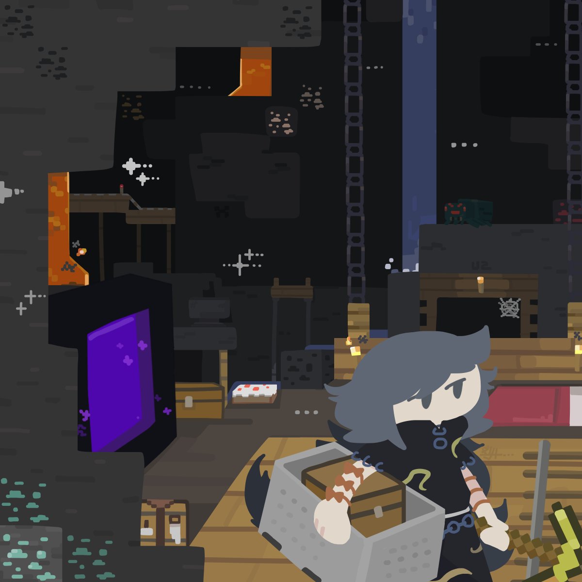 1girl bed black_shirt bow cake cave cave_spider chest_(furniture) coal commentary crafting_table_(minecraft) diamond_(gemstone) food gold grey_eyes grey_hair highres himemushi_momoyo holding holding_pickaxe long_hair looking_ahead minecart minecraft minecraft_pickaxe molten_rock nether_portal orange_bow pickaxe railroad_tracks shirt signature solo thatpebble torch touhou very_long_hair water
