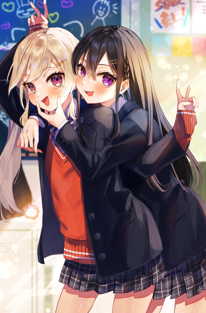 2girls bag bangs black_hair blazer blush bow bowtie braid cabinet chalkboard classroom collared_shirt fang graffiti grey_hair hair_between_eyes hair_ornament hairclip hand_on_another's_face hand_on_another's_shoulder ichinose_uruha jacket kokkovvv komori_met leaning_on_person lens_flare long_hair long_sleeves looking_at_viewer lupinus_virtual_games matching_outfit multiple_girls open_clothes open_jacket plaid plaid_skirt playing pleated_skirt purple_eyes red_sweater school_bag school_uniform shirt side_ponytail sidelocks skirt sleeves_past_wrists smile standing striped striped_bow striped_bowtie sunlight sweater swept_bangs v virtual_youtuber vspo! white_shirt