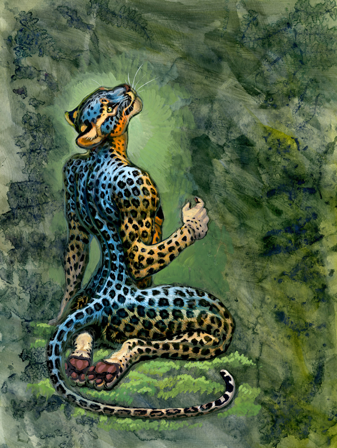 2023 4_toes 5_fingers anthro feet felid fingers fur hibbary kneeling leopard male mammal nude pantherine smile solo spots spotted_body spotted_fur toes traditional_media_(artwork)