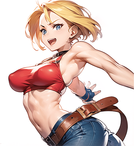 1girl bare_shoulders belt blonde_hair blue_eyes blue_mary breasts cowboy_shot denim fatal_fury fingerless_gloves gloves gohika jeans large_breasts looking_at_viewer midriff pants short_hair simple_background the_king_of_fighters turtleneck_crop_top white_background