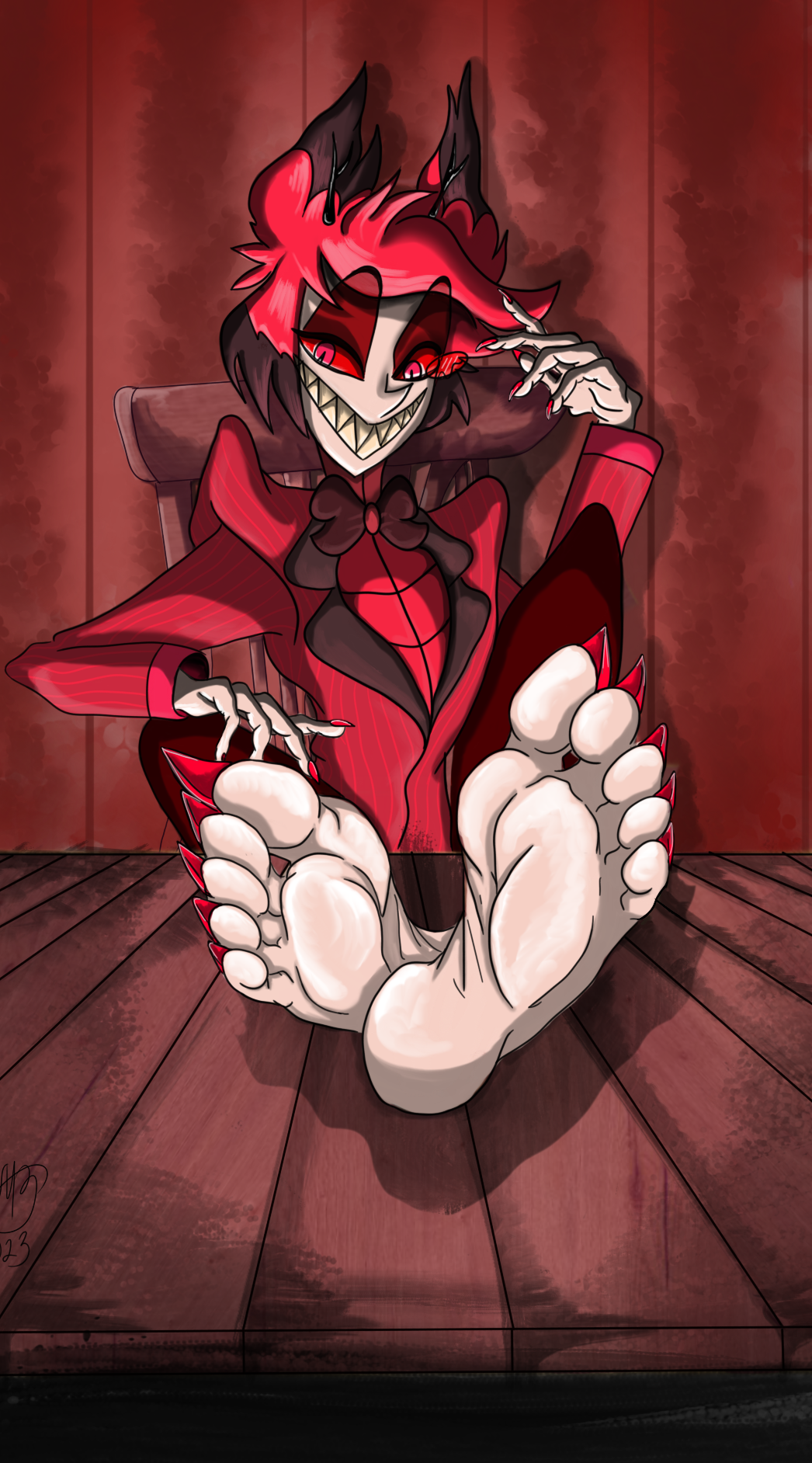 alastor_(hazbin_hotel) animal_humanoid anthro barefoot chair claws clothing deer deer_humanoid demon feet foot_fetish foot_focus furniture hair hazbin_hotel hi_res humanoid male mammal mammal_humanoid maryxlake on_chair red_clothing red_ears red_eyes red_hair red_toenails scapulari sitting sitting_on_chair soles solo toe_claws toes