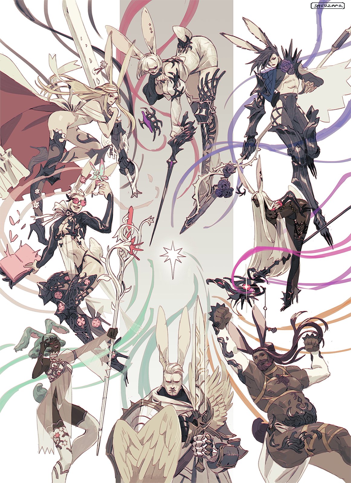 1other 3boys 4girls androgynous animal_ears arm_up armor armored_boots armpits artist_name avatar_(ff14) bangs beard belly bent_over black_mage blonde_hair book boots cape closed_mouth colored_skin dark-skinned_female dark-skinned_male dark_knight_(final_fantasy) dark_nipples dark_skin detached_sleeves dragoon_(final_fantasy) dress eos_(ff14) expressionless facial_hair fairy final_fantasy final_fantasy_xiv gauntlets greatsword grey_hair greyscale hand_up highres holding holding_book holding_polearm holding_shield holding_staff holding_sword holding_weapon huge_weapon leotard long_hair long_sleeves looking_at_another looking_at_viewer medium_hair monk_(final_fantasy) monochrome multiple_boys multiple_girls navel nipples one_eye_closed open_book open_mouth outstretched_arm paladin_(final_fantasy) pectorals polearm rabbit_boy rabbit_ears rabbit_girl rabbit_tail red_mage scholar_(final_fantasy) shield short_dress short_hair shuuzaar single_sleeve smile spear staff stomach striped sword tail tail_through_clothes topless_male vertical_stripes very_dark_skin viera weapon white_dress white_hair white_mage white_skin