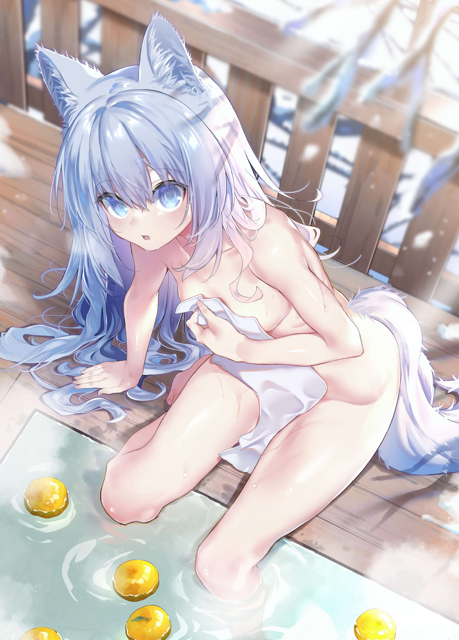 1girl animal_ears arm_support axopwx7126 bathing blue_eyes blue_hair blush branch breasts commentary_request covering dog_ears dog_girl dog_tail fang food from_above fruit highres holding holding_towel light_blue_hair long_hair looking_at_viewer naked_towel nude nude_cover onsen open_mouth original outdoors sitting small_breasts snow soaking_feet solo steam tail towel water wet white_towel winter yuzu_(fruit) yuzu_bath