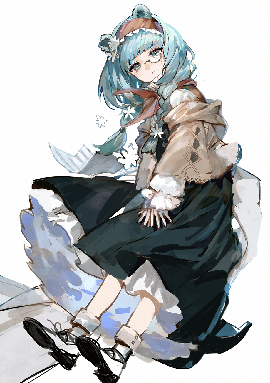 1girl animal_ears ankle_cuffs aqua_eyes aqua_hair arknights bangs bear_ears black_dress black_footwear blunt_bangs braid closed_mouth collar cropped_jacket cuff_links dress expressionless flower frilled_collar frilled_sleeves frills full_body hair_flower hair_ornament hairband high_collar highres istina_(arknights) istina_(bibliosmia)_(arknights) layered_dress long_hair long_sleeves looking_at_viewer monocle neckerchief off_shoulder official_alternate_costume pekopeco red_hairband red_neckerchief shoes simple_background solo turning_head twin_braids v_arms white_background white_flower