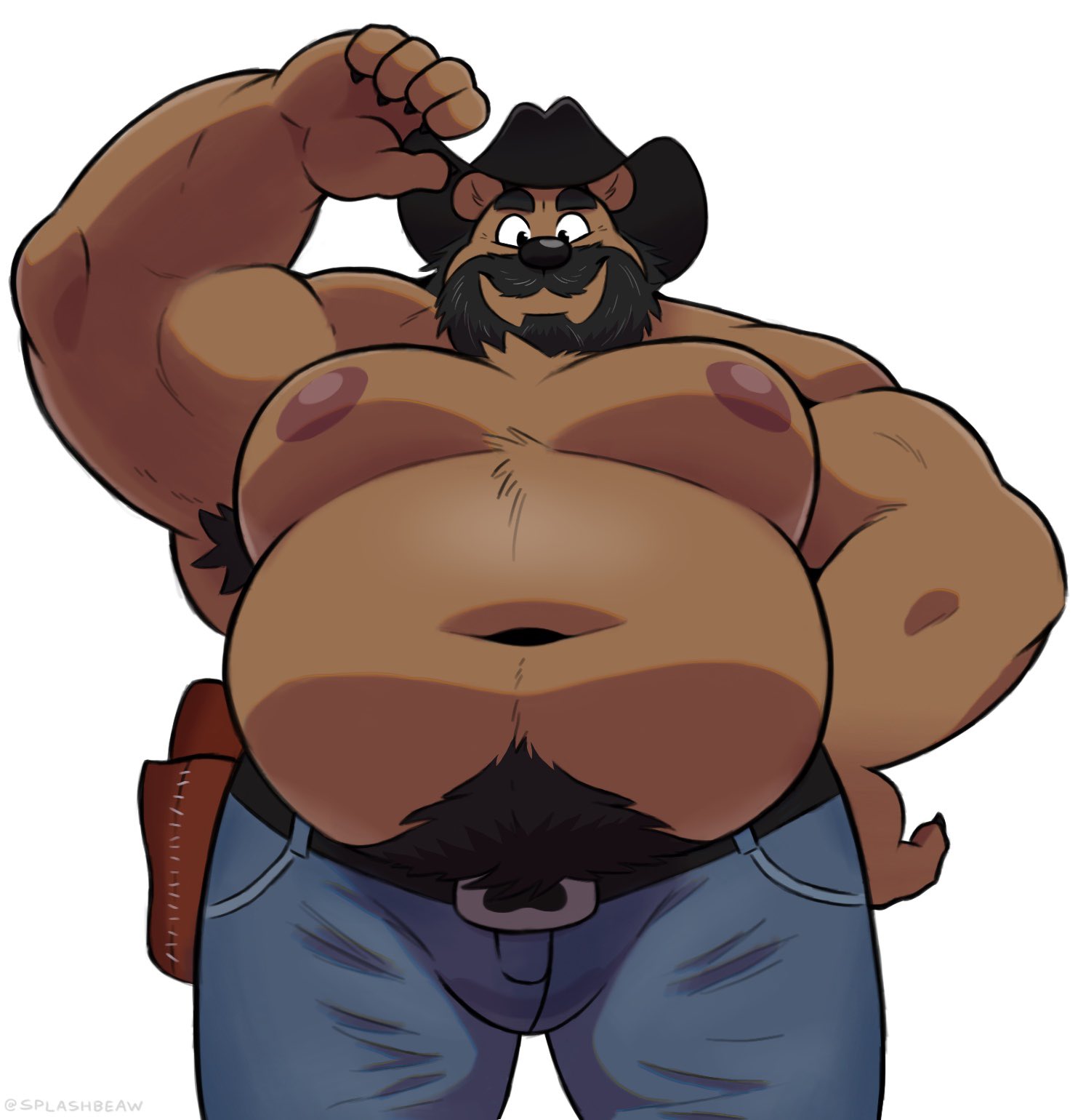 2022 anthro armpit_hair bear beard belly big_belly big_nipples body_hair bottomwear brown_body brown_fur clothed clothing cowboy cowboy_hat denim denim_clothing facial_hair front_view fur gun_holster hand_on_hip happy_trail hat headgear headwear hi_res holding_clothing holding_hat holding_headgear holding_headwear holding_object jeans looking_at_viewer looking_back looking_back_at_viewer male mammal mature_male moobs musclegut muscular_arms nipples overweight overweight_male pants raised_arm scruffy_(character) simple_background solo splashburr topless topless_male
