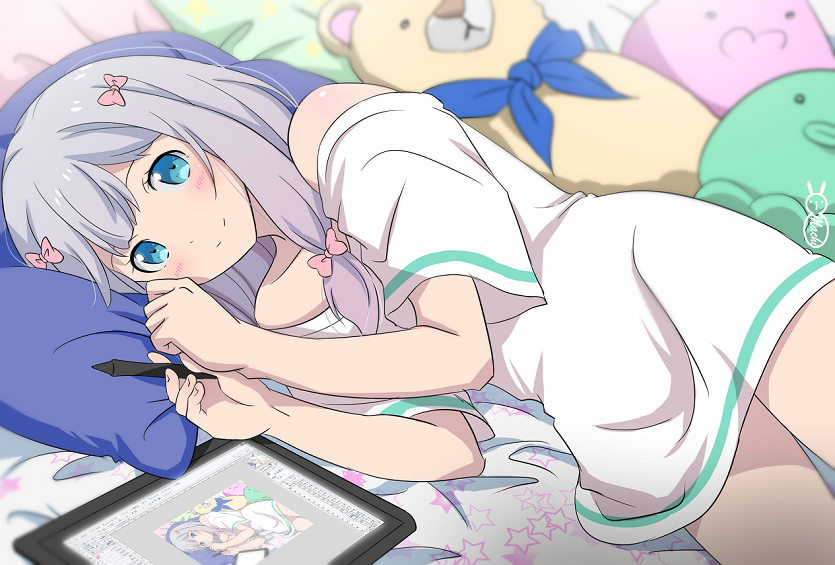 1girl bare_shoulders blue_bow blue_eyes bow drawing_tablet eromanga_sensei eyelashes grey_hair hair_bow holding holding_stylus izumi_sagiri long_hair lying machinosuke multiple_hair_bows on_side pillow pink_bow smile solo stuffed_animal stuffed_octopus stuffed_toy stylus teddy_bear