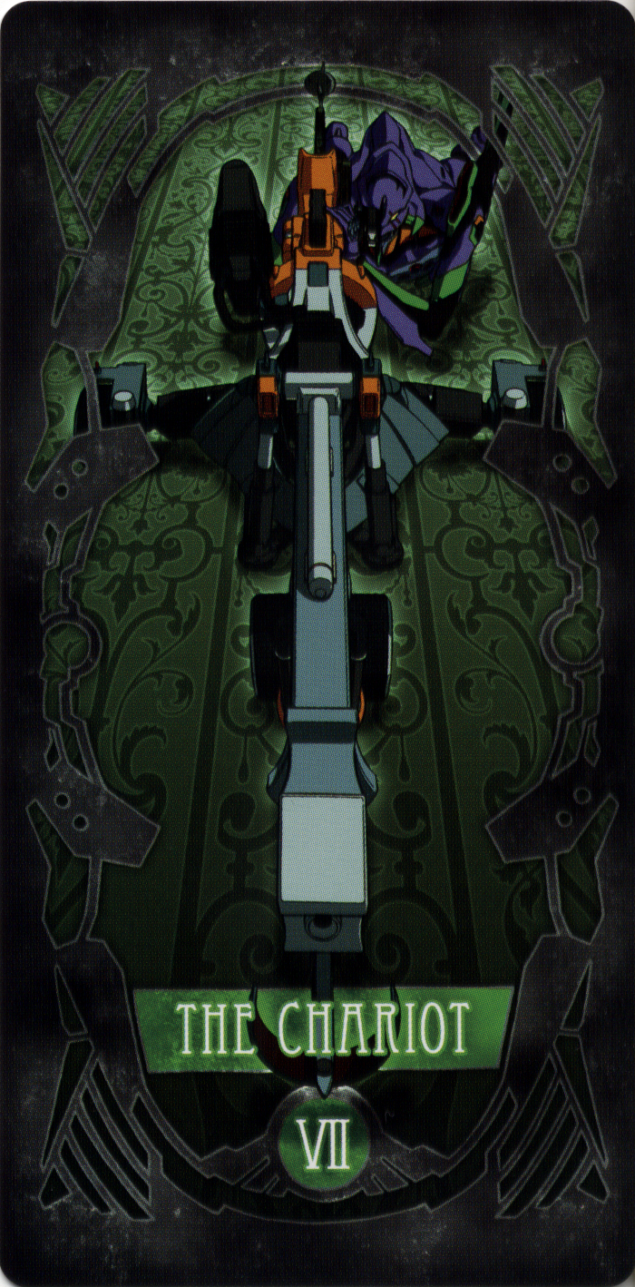 artist_request card_(medium) eva_01 evangelion_(mecha) gun highres lying neon_genesis_evangelion no_humans non-web_source on_stomach rifle scan scan_artifacts sniper_rifle solo source_request tarot the_chariot_(tarot) weapon