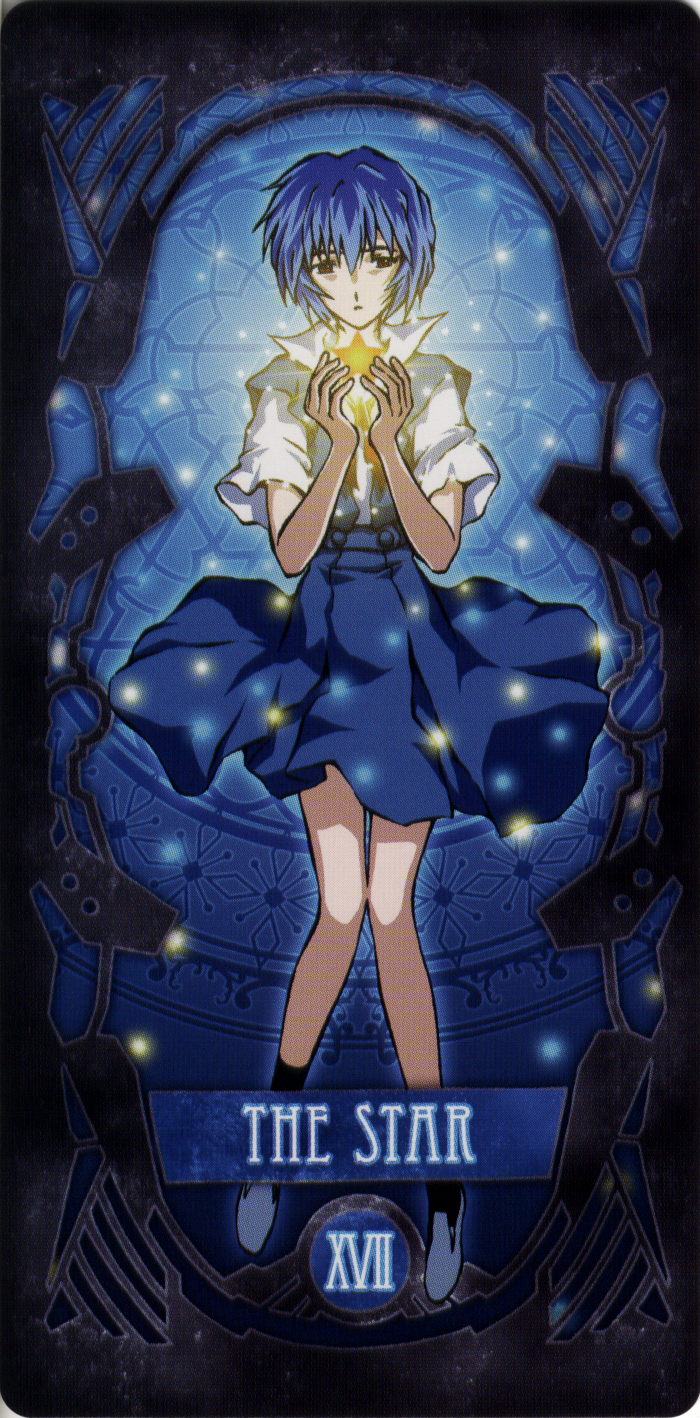 ayanami_rei black_border black_socks blue_dress blue_hair border card_(medium) dress english_text highres legs neon_genesis_evangelion non-web_source red_eyes red_ribbon ribbon roman_numeral scan scan_artifacts school_uniform shirt socks tarot the_star_(tarot) thighs tokyo-3_middle_school_uniform white_footwear white_shirt