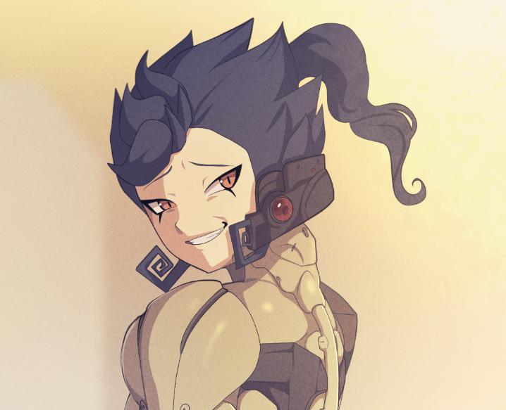 1boy androgynous blorp blue_hair cosplay dark_blue_hair evil_grin evil_smile grin inazuma_eleven_(series) inazuma_eleven_go looking_at_viewer male_focus medium_hair metal_gear_(series) metal_gear_rising:_revengeance orange_eyes samuel_rodrigues samuel_rodrigues_(cosplay) slit_pupils smile tsurugi_kyousuke