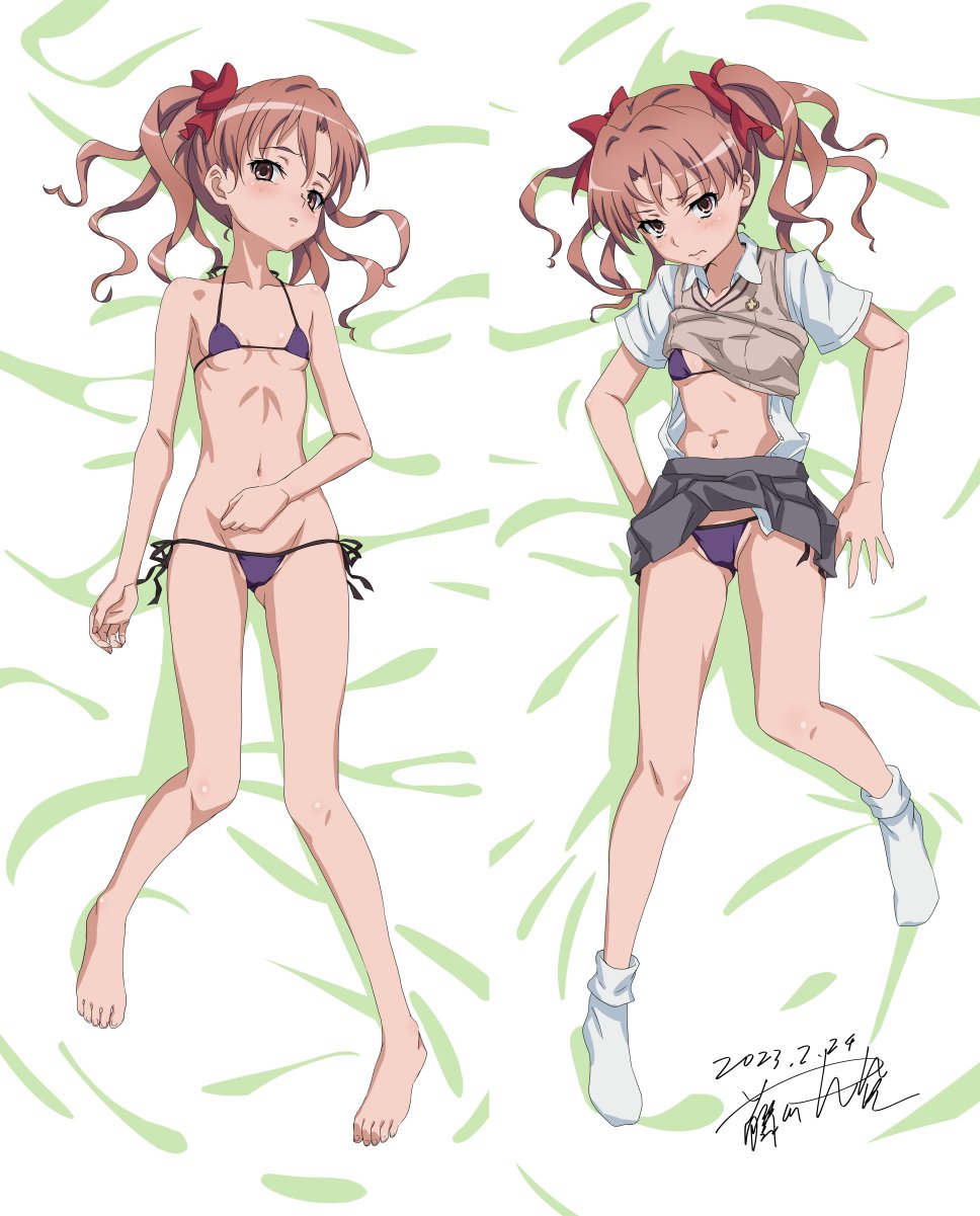 1girl barefoot bed_sheet bikini bow breasts brown_eyes brown_hair clothes_lift dakimakura_(medium) flat_chest fujikawa_daichi full_body hair_bow highres lying on_back psychic shirai_kuroko shirt_lift skirt skirt_lift skirt_removed small_breasts solo string_bikini swimsuit toaru_kagaku_no_railgun toaru_majutsu_no_index twintails underwear