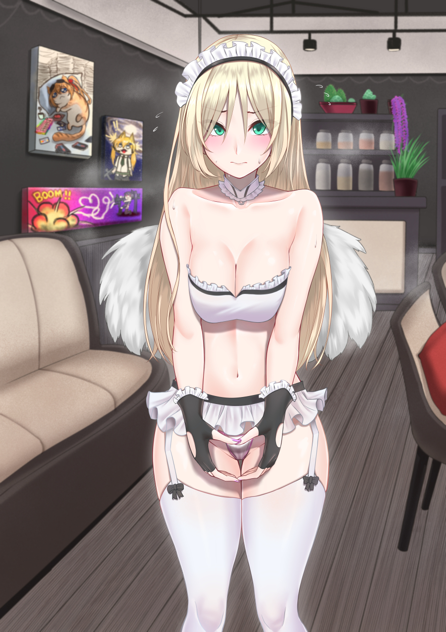 1girl an-94_(girls'_frontline) aqua_eyes bare_shoulders blonde_hair blush breasts cactus chair cleavage collarbone couch detached_collar feathered_wings fingerless_gloves frilled_tube_top frills garter_straps girls'_frontline gloves heart heart_hands highres indoors jar long_hair looking_at_viewer maid maid_headdress microskirt navel painting_(object) panties popoman skirt solo standing strapless sweat thighhighs tube_top underwear white_panties white_thighhighs white_tube_top wings