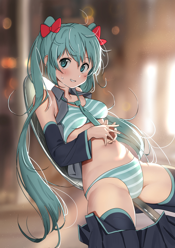 1girl aqua_bra aqua_eyes aqua_hair aqua_necktie aqua_panties backlighting black_skirt black_thighhighs blurry blurry_background bra breasts depth_of_field detached_sleeves furuyama_itaru hands_on_own_stomach hatsune_miku long_hair long_sleeves looking_at_viewer lying medium_breasts minigirl navel necktie nervous_smile on_back own_hands_together panties parted_lips skirt skirt_around_one_leg smile solo spoon striped striped_bra striped_panties thighhighs underwear very_long_hair vocaloid