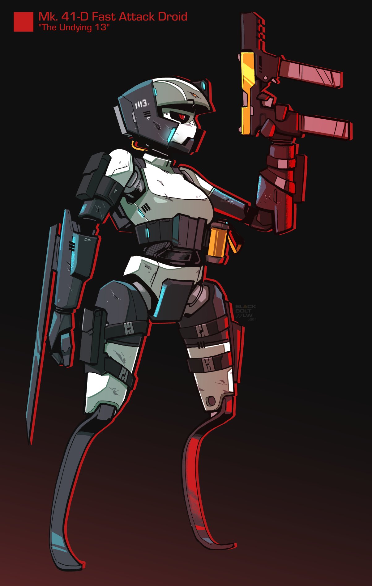 2023 3_fingers alternate_form android belt black_body black_sclera blackboltlonewolf blade female fingers gun hi_res holding_gun holding_object holding_weapon humanoid machine mammal millie_(blackbolt) pose ranged_weapon red_eyes robot robot_humanoid solo standing utility_belt weapon white_body