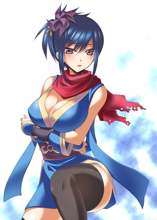 1girl arms_under_breasts bangs black_thighhighs blue_hair blue_kimono blush breasts brown_eyes brown_sash cleavage closed_mouth crossed_arms elbow_gloves expressionless feet_out_of_frame gloves hair_ornament japanese_clothes jyuru kimono large_breasts leg_up legs looking_at_viewer ninja ninja_(ragnarok_online) obi painttool_sai_(medium) pinwheel_hair_ornament ragnarok_online red_scarf sash scarf short_hair skirt sleeveless solo thighhighs thighs torn_scarf zettai_ryouiki