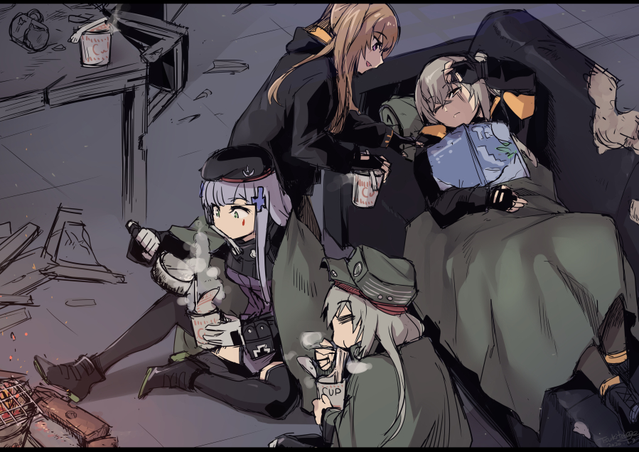 404_(girls'_frontline) 4girls beret black_headwear black_jacket blanket brown_eyes brown_hair commentary_request couch cup_ramen eating fingerless_gloves g11_(girls'_frontline) girls'_frontline gloves green_eyes green_headwear grey_hair hat hk416_(girls'_frontline) hood hooded_jacket jacket magazine_(object) multiple_girls pouring rubble ruins scar scar_across_eye shoes sitting sleeping table thighhighs tsuki_tokage ump45_(girls'_frontline) ump9_(girls'_frontline)