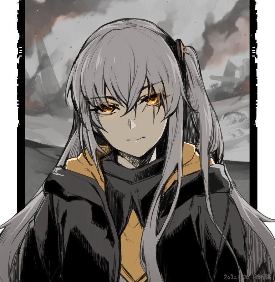 1girl black_jacket commentary_request dated frown girls'_frontline grey_hair hair_between_eyes hair_ornament hood hood_down hooded_jacket jacket long_hair looking_at_viewer muted_color one_side_up outdoors rubble ruins solo straight-on tsuki_tokage ump45_(girls'_frontline) upper_body yellow_eyes