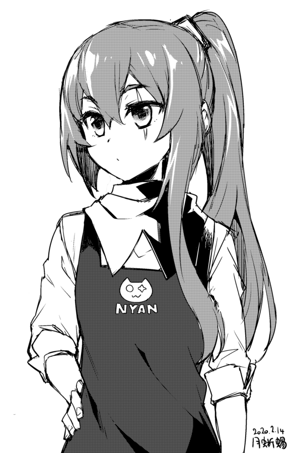1girl apron commentary_request dated expressionless girls'_frontline greyscale hair_between_eyes hand_on_hip long_hair looking_away monochrome nyan ponytail scar scar_across_eye sleeves_pushed_up solo tsuki_tokage ump45_(girls'_frontline) upper_body