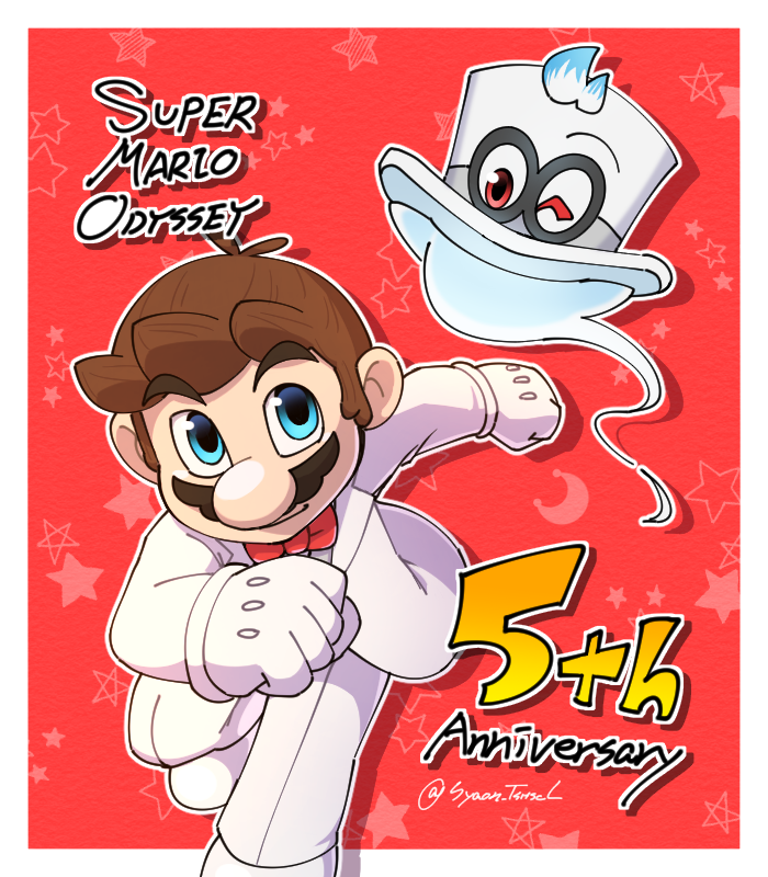 1boy blue_eyes border bow bowtie brown_hair cappy_(mario) english_text facial_hair formal gloves jacket mario mario_(series) mario_(tuxedo) mustache pants red_background red_bow red_bowtie short_hair simple_background suit super_mario_odyssey syaon_tshscl white_border white_gloves white_jacket white_pants white_suit