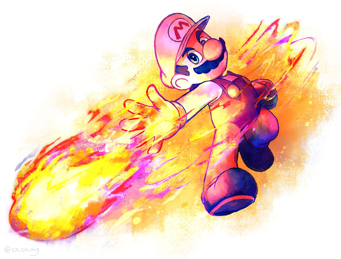 1boy blue_eyes boots co_co_mg facial_hair fire_mario fireball gloves hat mario mario_(series) mustache overalls shirt simple_background white_headwear white_shirt