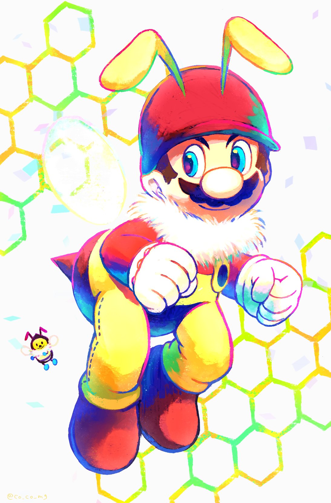 1boy antennae bee_mario blue_eyes boots co_co_mg facial_hair gloves helmet highres honeybee_(mario) looking_at_viewer mario mario_(series) mustache simple_background white_gloves yellow_overalls