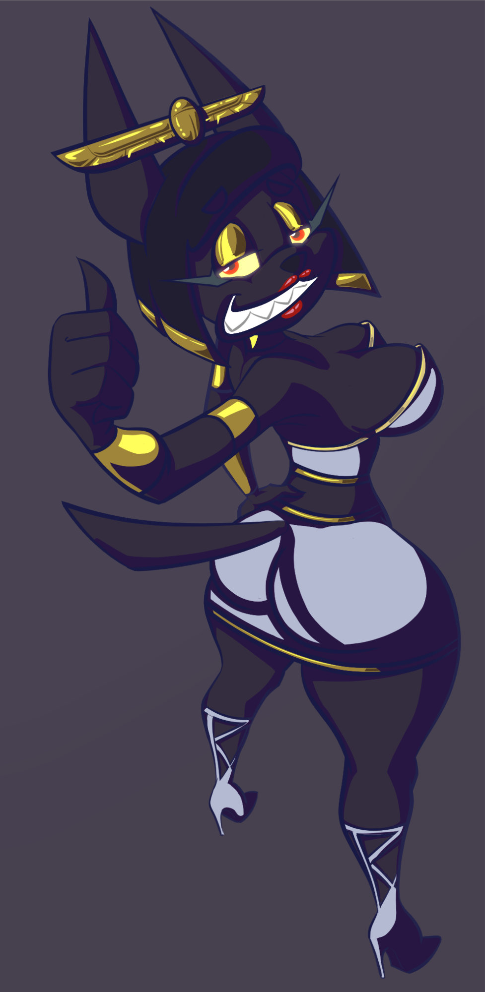 2022 ankhmara anthro anubian_jackal breasts butt canid canine canis clothing digital_drawing_(artwork) digital_media_(artwork) egyptian egyptian_clothing egyptian_headdress female gesture hi_res jackal looking_at_viewer mammal smile solo tail thumbs_up toonvasion