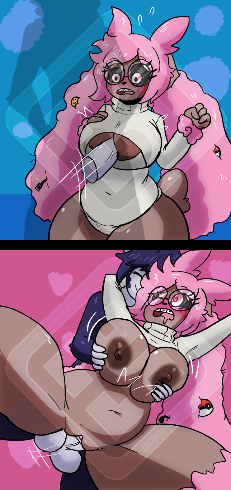 anthro big_breasts bodily_fluids breast_play breasts chubby_female clothed clothing cum cum_inside diamond_grenadier duo ejaculation eyewear female generation_4_pokemon generation_8_pokemon genital_fluids genitals glasses hair hand_on_breast hi_res indeedee lopunny male male/female nintendo partially_clothed penis perpendicular_titfuck pink_hair pokeball pokemon pokemon_(species) pussy regula_lex_iii sex slightly_chubby titfuck vaginal
