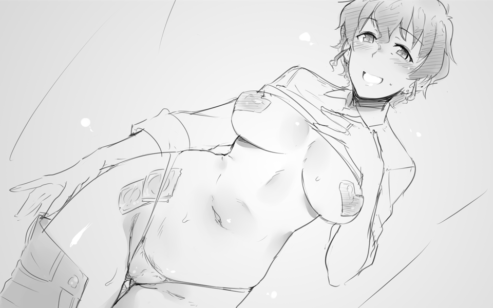 1girl :d akiyama_yoshiko ass_visible_through_thighs blush breasts cameltoe clothes_lift clothes_pull condom condom_wrapper earrings em_(totsuzen_no_hakike) girls_und_panzer greyscale groin hair_between_eyes hand_on_own_chest head_tilt high-waist_panties jewelry large_breasts mature_female monochrome navel nipples no_bra panties pants pants_pull pasties ring shirt_lift short_hair smile solo stud_earrings tareme thigh_gap underwear
