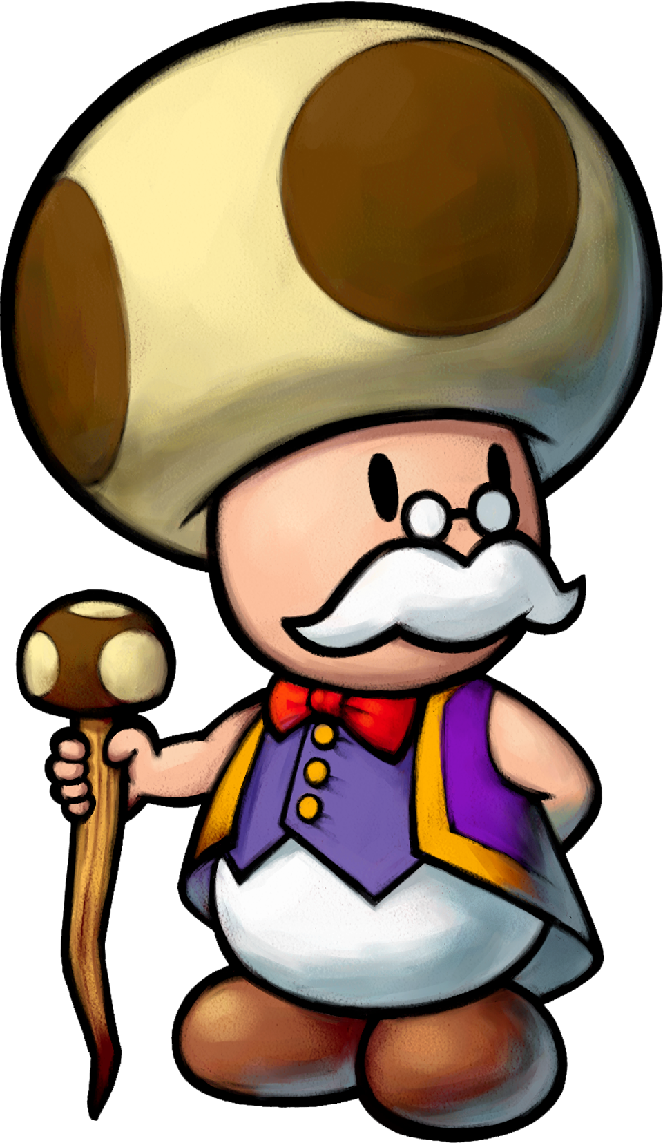1boy boots bow bowtie brown_footwear cane facial_hair glasses highres holding holding_cane mario_&amp;_luigi_rpg mario_(series) mustache official_art purple_shirt purple_vest red_bow red_bowtie shirt simple_background toadsworth transparent_background vest