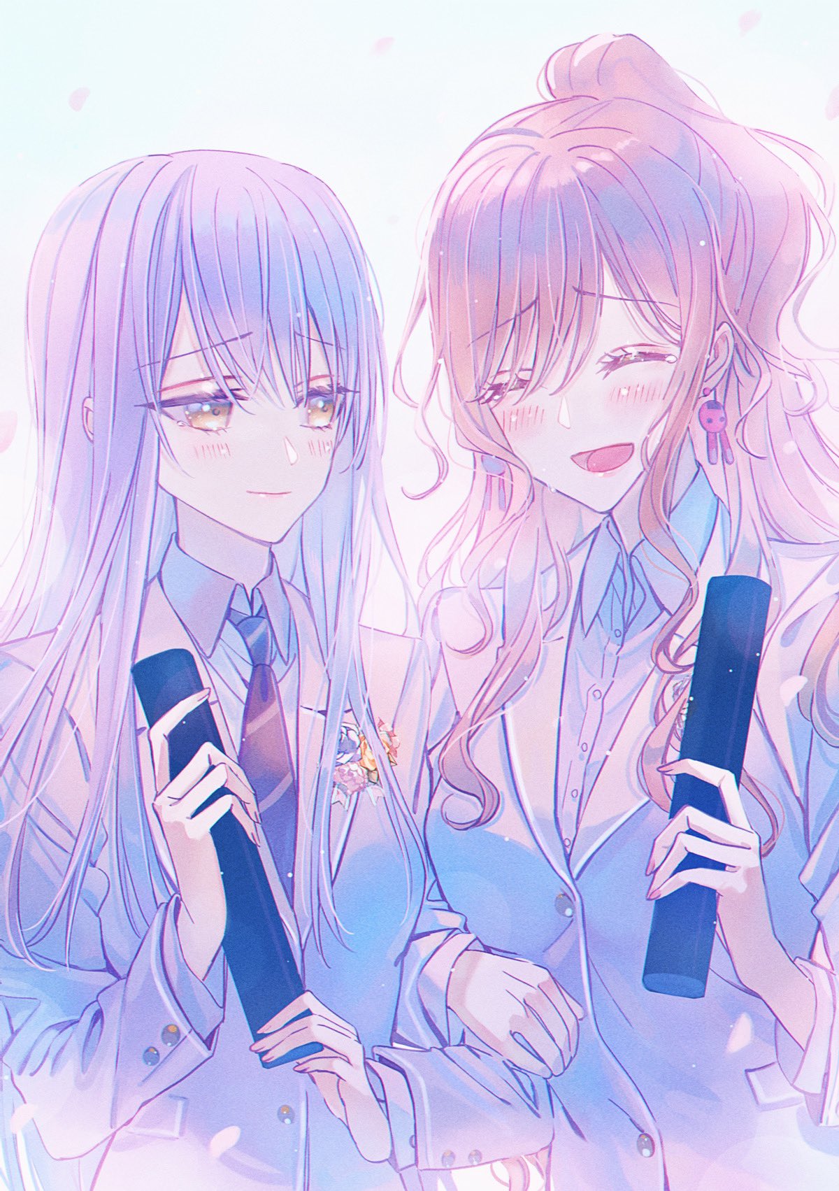 2girls arm_hug bang_dream! bangs black_necktie blackfangs blazer blue_flower blue_sky blush breasts brown_hair buttons closed_eyes closed_mouth collared_shirt day diagonal-striped_necktie dress_shirt earrings falling_petals fingernails flower graduation grey_hair grey_jacket grey_shirt hair_between_eyes hands_up haneoka_school_uniform high_ponytail highres holding imai_lisa jacket jewelry large_breasts light_particles light_smile long_hair long_sleeves looking_at_another looking_to_the_side medium_breasts minato_yukina multiple_girls necktie open_mouth outdoors petals pink_flower pocket ponytail rabbit_earrings raised_eyebrows school_uniform shirt side-by-side sidelocks sky smile standing tearing_up tube upper_body wavy_hair yellow_eyes yellow_flower
