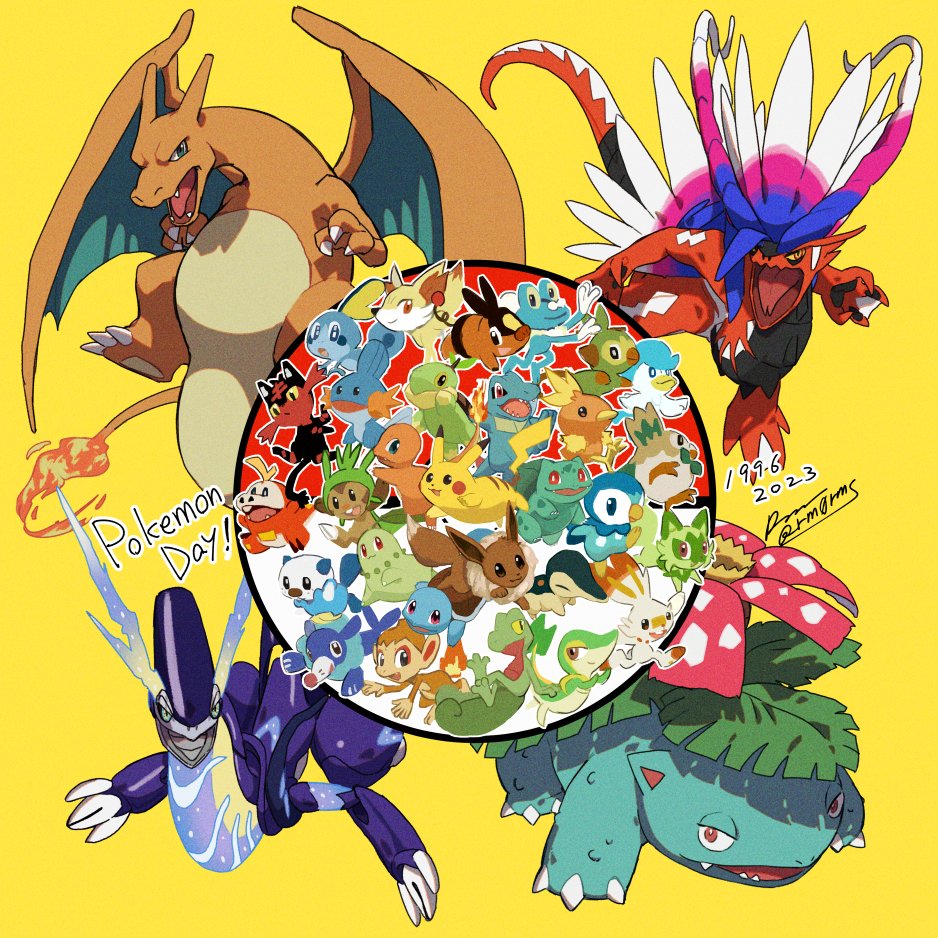 :d :o blue_eyes bright_pupils bulbasaur charizard charmander chespin chikorita chimchar claws closed_mouth commentary_request copyright_name cyndaquil dated fangs fennekin fire flame-tipped_tail froakie fuecoco grookey koraidon litten miraidon mudkip no_humans open_mouth oshawott pikachu piplup pokemon pokemon_(creature) popplio quaxly rowlet sagemaru-br scorbunny signature smile snivy sobble sprigatito squirtle tepig tongue torchic totodile treecko turtwig venusaur white_pupils yellow_background