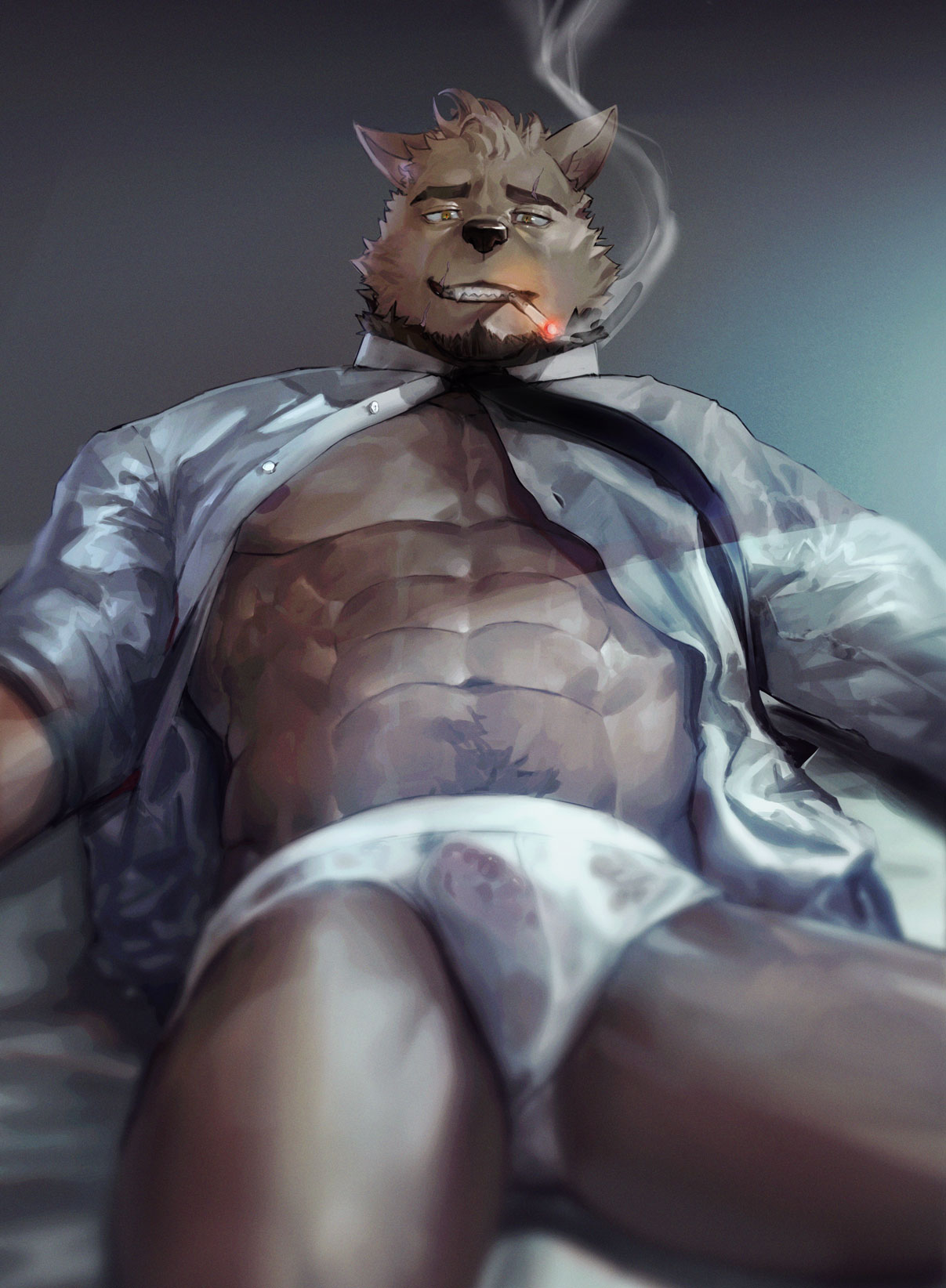1boy abs bara brown_fur collared_shirt crotch facial_hair feet_out_of_frame from_below furry furry_male goatee highres large_pectorals looking_at_viewer lying male_focus male_underwear mature_male muscular muscular_male navel_hair necktie neumo nipples no_pants on_back original pectorals salaryman see-through shirt short_hair smoking solo stomach thick_thighs thighs topless_male underpec underwear wet wet_clothes wet_male_underwear white_shirt