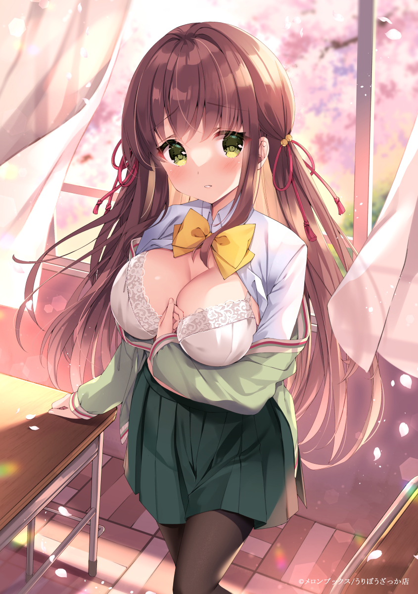 1girl bangs black_pantyhose blush bra breasts brown_hair cherry_blossoms classroom cleavage collared_shirt curtains desk green_eyes green_jacket green_skirt hair_ribbon highres irori jacket large_breasts lens_flare long_hair looking_at_viewer off_shoulder open_clothes open_shirt original pantyhose parted_lips pleated_skirt ribbon school_desk school_uniform shirt skirt solo standing tile_floor tiles underwear uniform very_long_hair white_bra white_shirt window