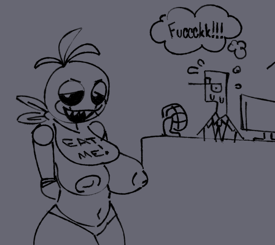 analognsfw anthro areola beakless bib big_breasts black_sclera breasts clothing duo female five_nights_at_freddy's five_nights_at_freddy's_2 grey_background hands_behind_head head_feathers head_tuft human inverted_nipples male mammal navel nipples panties rosy_cheeks scottgames sharp_teeth simple_background teeth text thick_thighs thought_bubble toy_chica_(fnaf) tuft underwear wide_hips