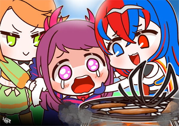 alear_(fire_emblem) bacon blue_dress chibi commentary crying dress etie_(fire_emblem) fascinator fire_emblem fire_emblem_engage food green_dress green_eyes grill heterochromia ivy_(fire_emblem) korean_commentary multicolored_hair orange_hair purple_eyes purple_hair rodong8 shirt white_shirt