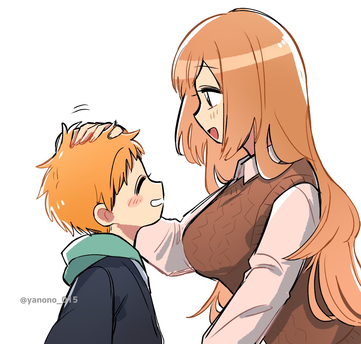 1boy 1girl bleach blush_stickers brown_eyes brown_hair brown_vest cardigan_vest collared_shirt hand_on_another's_head happy headpat inoue_orihime kurosaki_kazui long_hair long_sleeves looking_back mother_and_son open_mouth orange_hair shirt upper_body vest white_shirt yanono_015