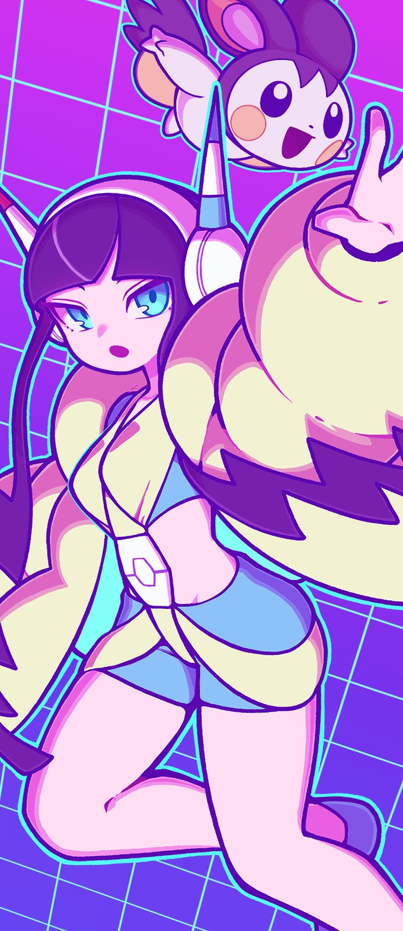1girl :o bangs bear_ringer bike_shorts blue_eyes blunt_bangs buckle commentary_request crop_top elesa_(pokemon) emolga flats fur_jacket headphones highres jacket long_sleeves looking_to_the_side multicolored_hair open_clothes open_jacket open_mouth outstretched_arms pokemon pokemon_(creature) pokemon_(game) pokemon_bw2 purple_hair short_hair_with_long_locks streaked_hair yellow_jacket