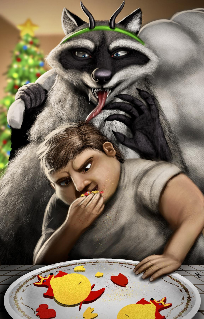 5_fingers anthro anthro_pred belly big_belly black_body black_fur blue_eyes bodily_fluids brown_eyes brown_hair christmas christmas_tree cookie dripping duo eating fingers food fur grey_body grey_fur hair hi_res holidays human human_prey ian-exe imminent_vore inside kangaroo looking_down looking_down_at_another macropod male mammal marsupial moobs multicolored_body multicolored_fur obese obese_anthro obese_male ornament overweight overweight_anthro overweight_male plant plates procyonid raccoon rags_wolfcoon sack saliva saliva_drip saliva_on_tongue tongue tongue_out tree two_tone_body two_tone_fur