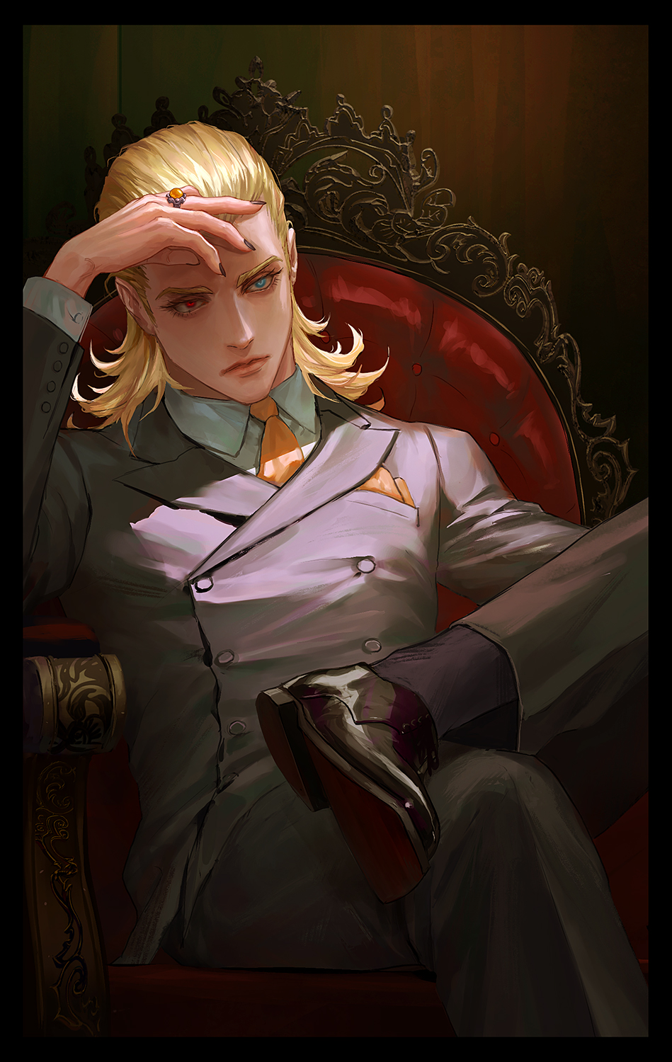 1boy black_nails blonde_hair blue_eyes buttons crossed_legs formal hair_slicked_back hand_on_forehead handkerchief heterochromia highres jewelry long_hair louis_cypher lucifer_(shin_megami_tensei) male_focus necktie o_c_x red_eyes ring shin_megami_tensei sitting solo suit yellow_necktie