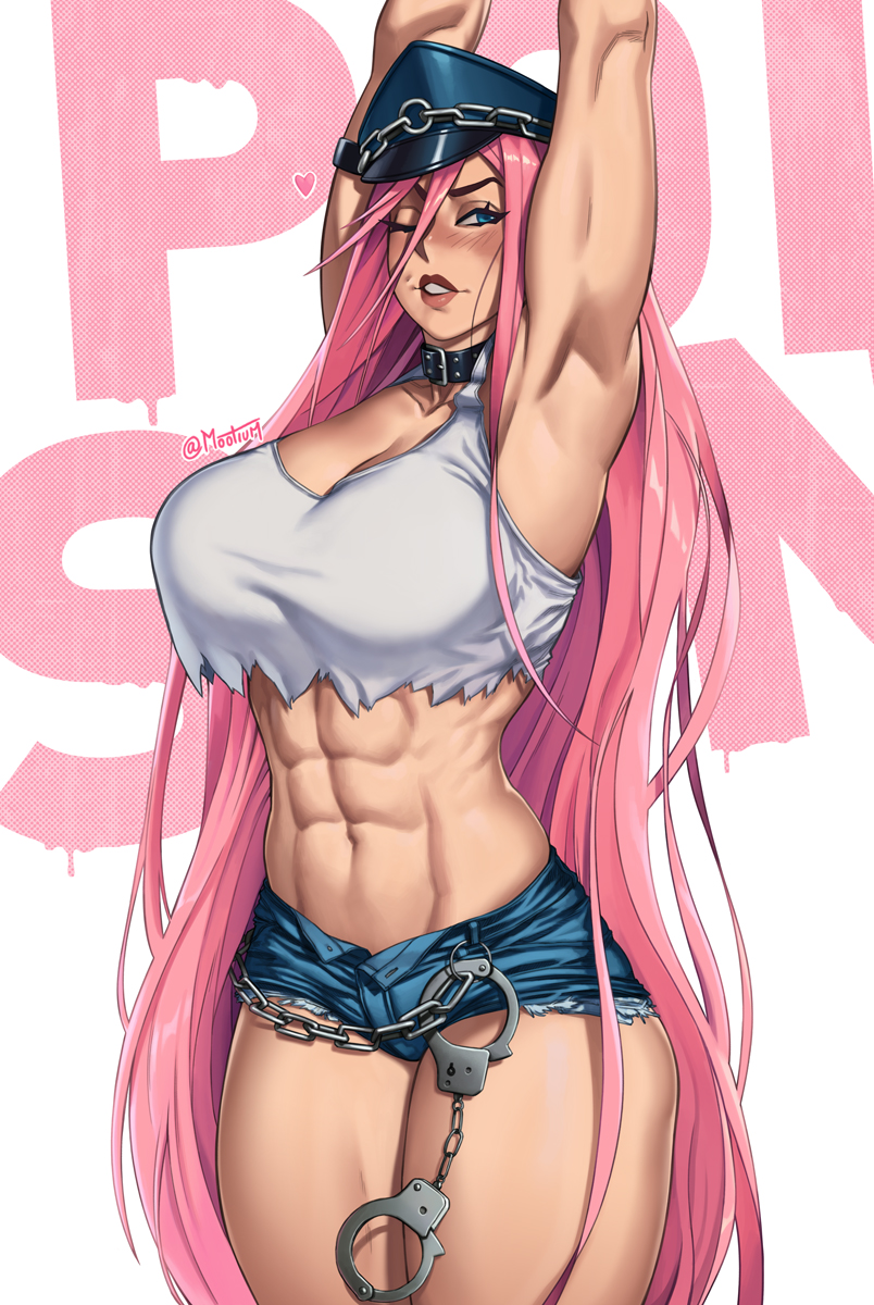 1girl abs armpits arms_up biceps blue_headwear blue_shorts breasts chain_belt character_name cleavage collar crop_top crop_top_overhang cuffs cutoffs denim denim_shorts final_fight handcuffs hat highres large_breasts lips long_hair midriff mootium muscular muscular_female navel one_eye_closed open_fly peaked_cap poison_(final_fight) shorts solo standing stretching studded_collar tank_top thick_thighs thighs torn_clothes very_long_hair white_tank_top