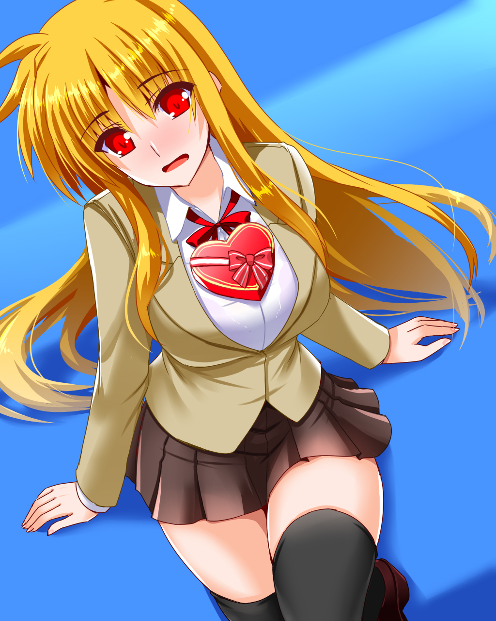 1girl black_thighhighs blazer blonde_hair blush bow bowtie box brown_jacket commentary dress_shirt engo_(aquawatery) fate_testarossa flashing frown heart-shaped_box highres jacket long_hair looking_at_viewer lyrical_nanoha object_on_breast open_mouth oppai_challenge red_bow red_bowtie red_eyes school_uniform shirt sitting solo thighhighs valentine white_shirt wing_collar