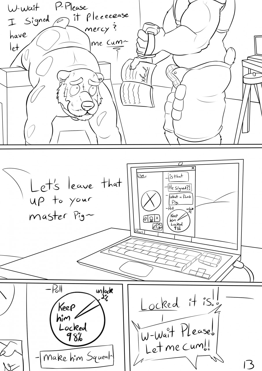 2019 age_difference anthro anthro_on_anthro bear beard begging being_watched biceps camera clothing comic computer contract degradation dialogue dominant dominant_male duo english_text facial_hair father father_and_child father_and_son football_gear hi_res incest_(lore) laptop looking_at_another male male/male mammal mature_male monochrome muscular muscular_male older_male overweight overweight_male parent parent_and_child plaguedobsession poll rubber rubber_clothing rubber_suit son submissive submissive_male tenting text tripod video_camera younger_male