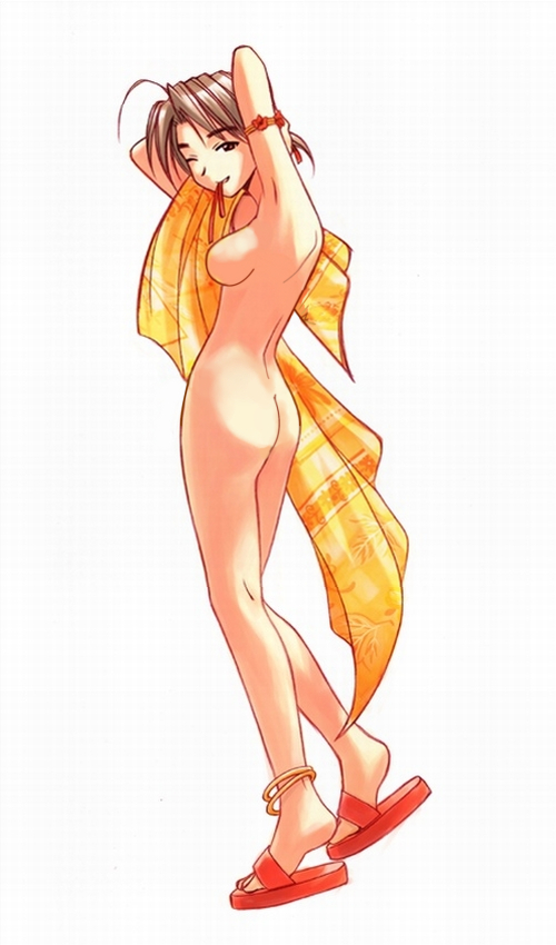 1girl ahoge akamatsu_ken anklet arms_up ass breasts brown_eyes brown_hair flip-flops hairdressing jewelry konno_mitsune looking_at_viewer looking_back love_hina mouth_hold nude one_eye_closed sandals sideboob simple_background solo standing towel wink