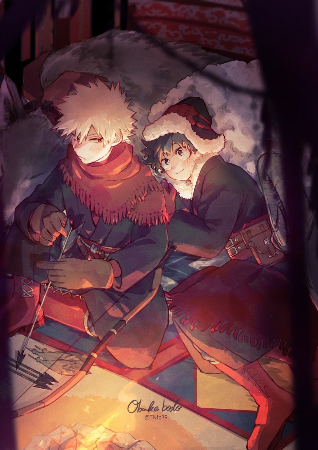 2boys animal arrow_(projectile) bakugou_katsuki bangs belt belt_bag black_headwear blonde_hair blurry blurry_background blurry_foreground blush boku_no_hero_academia boots bow_(weapon) bright_pupils brown_bag brown_belt campfire circle_name closed_mouth coat commentary_request cross-laced_footwear curled_horns dated_commentary feathers film_grain fire freckles fringe_trim frown full_body fur-trimmed_coat fur-trimmed_headwear fur_trim gloves glowing green_eyes green_hair hair_between_eyes hands_up happy highres holding holding_arrow horns knee_boots knee_up leaning_on_animal looking_at_another lying male_focus mat midoriya_izuku multiple_belts multiple_boys official_alternate_costume on_side outdoors oversized_animal partial_commentary red_eyes red_footwear red_gloves red_scarf scarf sheep short_hair sideways_glance sitting smile spiked_hair tannoci twitter_username weapon white_pupils wolf wool