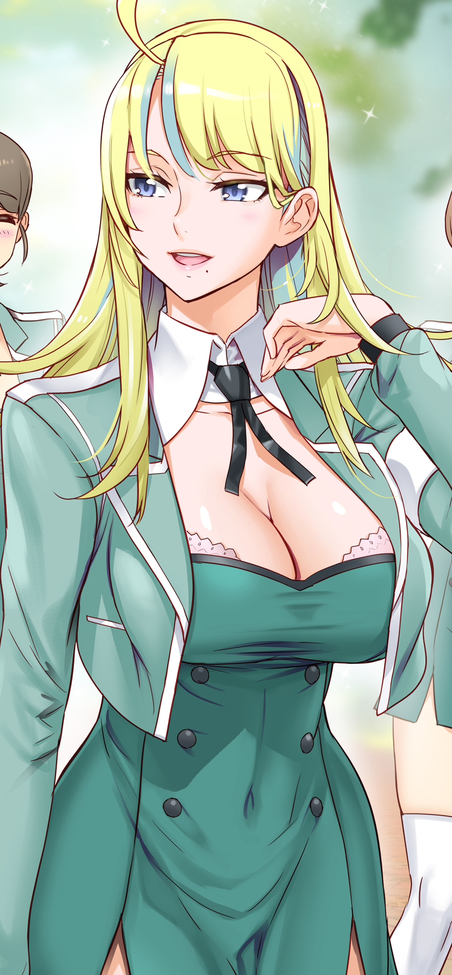 1girl ahoge blonde_hair blue_eyes bra breasts character_request cleavage copyright_request cropped_jacket detached_collar dress green_dress green_jacket highres jacket large_breasts long_hair mole mole_under_mouth multicolored_hair open_mouth paid_reward_available satou_shouji streaked_hair underwear white_bra