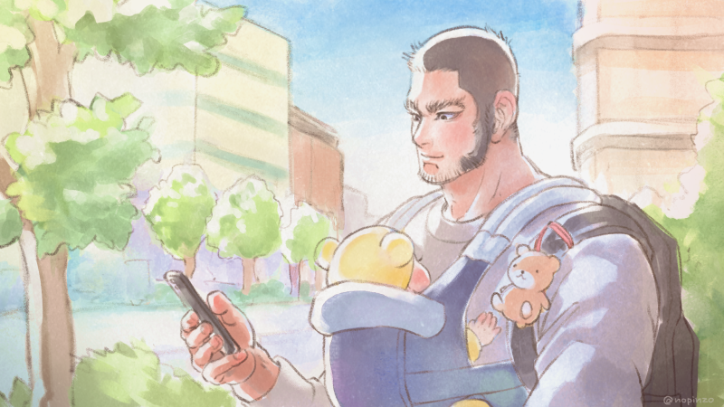1boy 1other baby_carrier beard black_hair buzz_cut child city facial_hair fatherly from_side golden_kamuy male_focus mature_male nopinzo short_hair sideburns solo_focus stubble stuffed_animal stuffed_toy tanigaki_genjirou teddy_bear thick_eyebrows tree very_short_hair